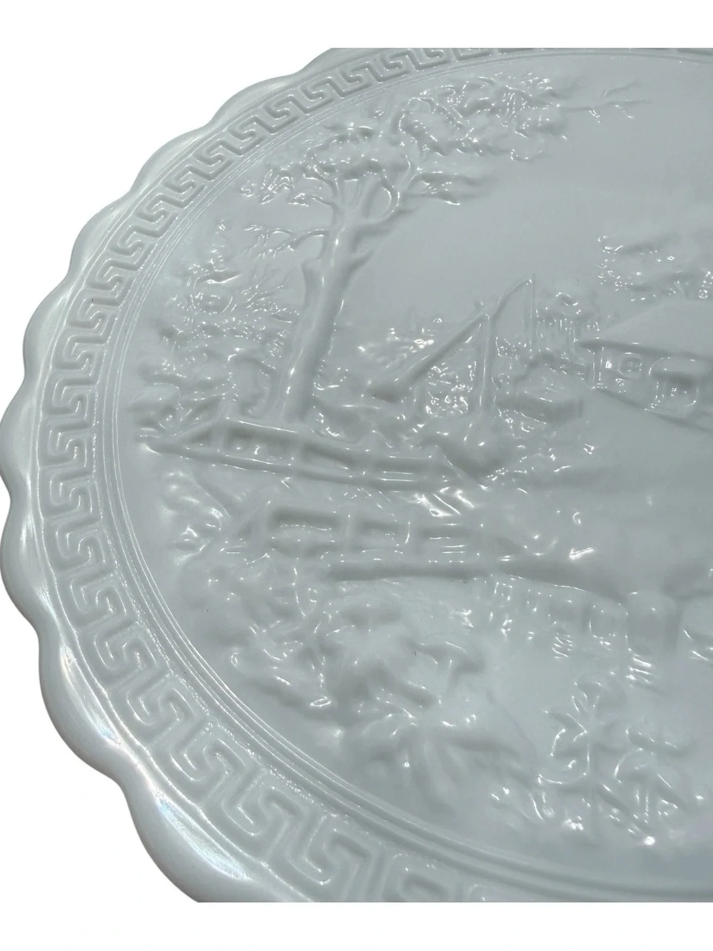 Vintage Milk Glass Scenic Cottage Relief Serving Platter Greek Key Oval Plate